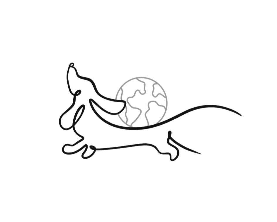Simple black line drawing of a dog with a globe on a white background